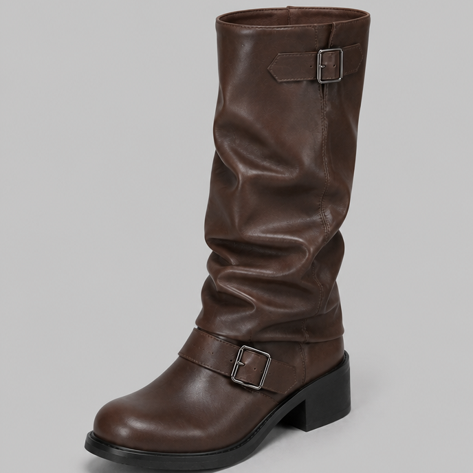 Stivali Biker Donna Slouchy Marroni con Doppia Fibbia