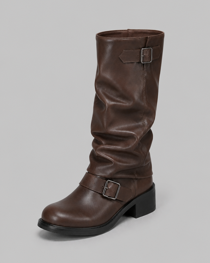 Stivali Biker Donna Slouchy Marroni con Doppia Fibbia
