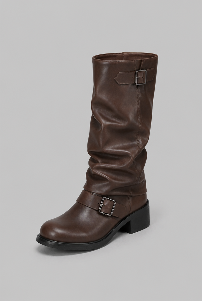 Stivali Biker Donna Slouchy Marroni con Doppia Fibbia