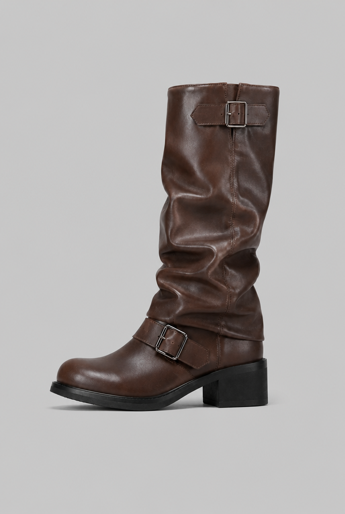 Stivali Biker Donna Slouchy Marroni con Doppia Fibbia