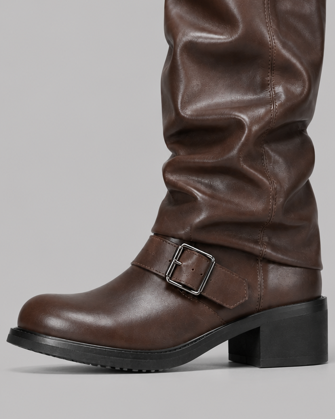 Stivali Biker Donna Slouchy Marroni con Doppia Fibbia