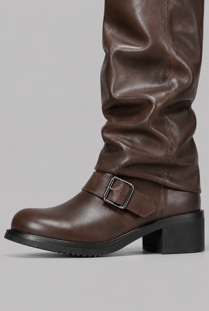 Stivali Biker Donna Slouchy Marroni con Doppia Fibbia