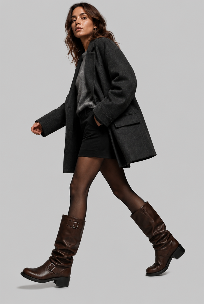 Stivali Biker Donna Slouchy Marroni con Doppia Fibbia