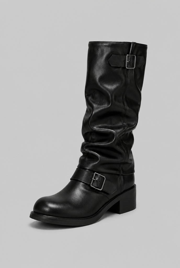 Stivali Biker Donna Slouchy Marroni con Doppia Fibbia
