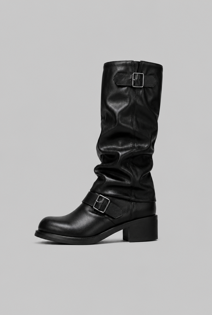 Stivali Biker Donna Slouchy Marroni con Doppia Fibbia