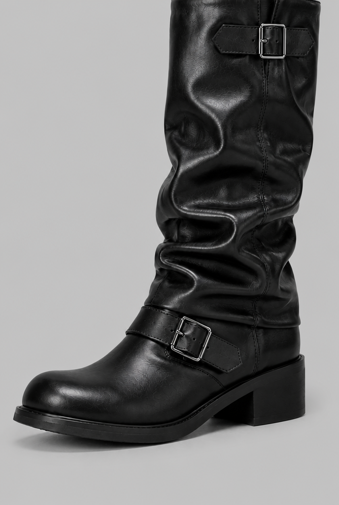 Stivali Biker Donna Slouchy Marroni con Doppia Fibbia