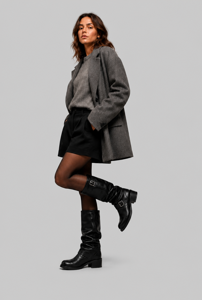 Stivali Biker Donna Slouchy Marroni con Doppia Fibbia