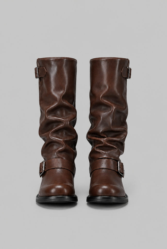 Stivali Biker Donna Slouchy Marroni con Doppia Fibbia