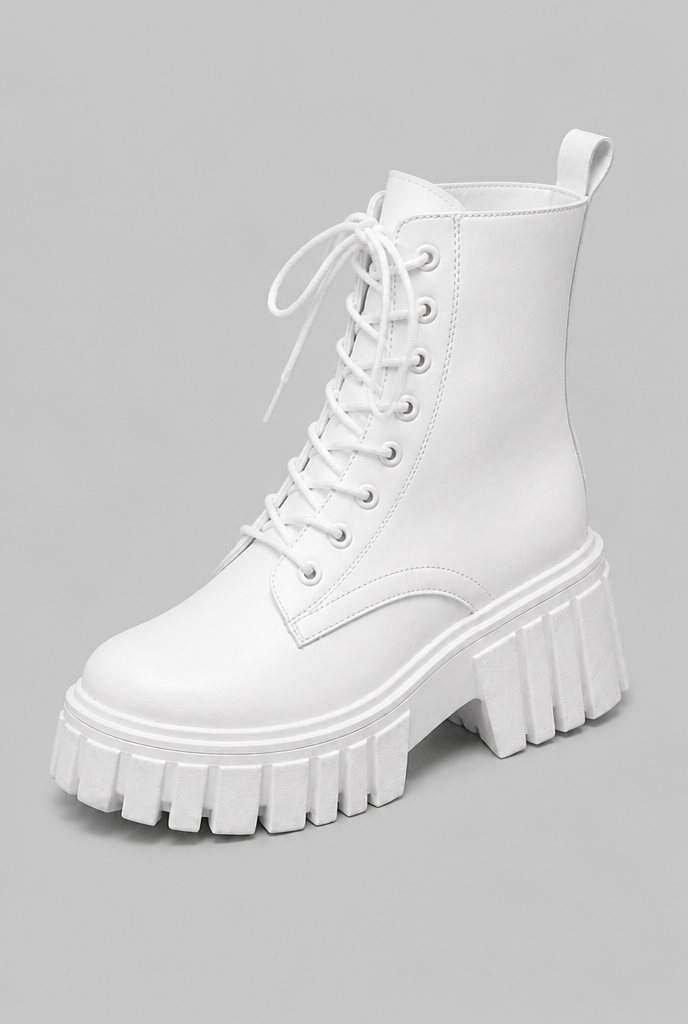Anfibi Donna Bianchi Effetto Pelle Platform Stringati