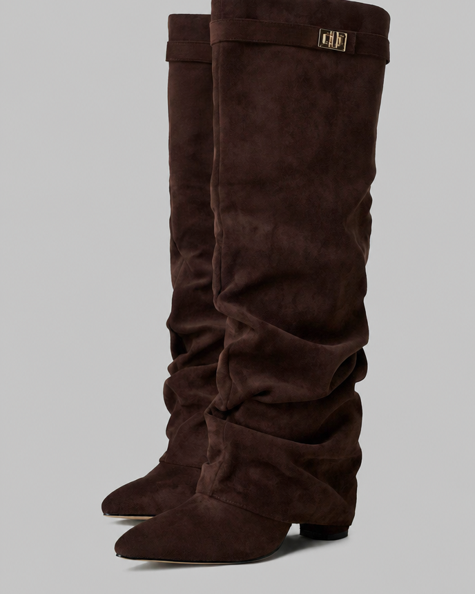 Stivali Donna Slouchy in Camoscio a Punta con Fibbia Oro