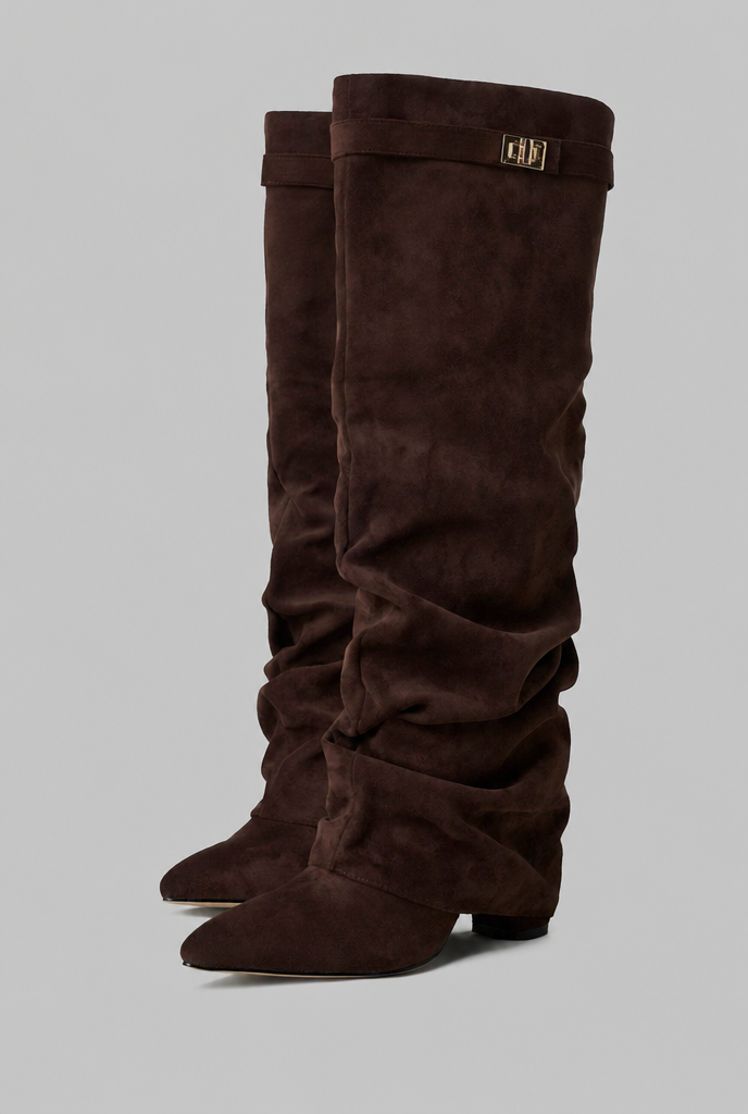 Stivali Donna Slouchy in Camoscio a Punta con Fibbia Oro