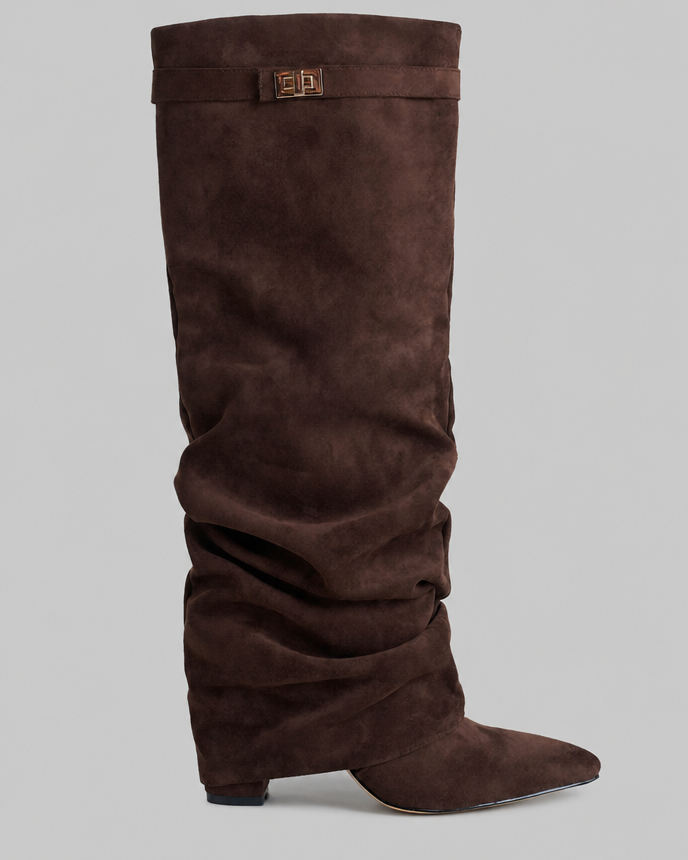 Stivali Donna Slouchy in Camoscio a Punta con Fibbia Oro