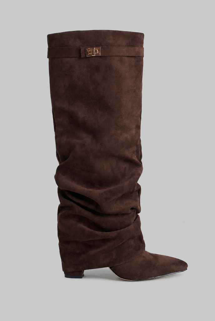 Stivali Donna Slouchy in Camoscio a Punta con Fibbia Oro