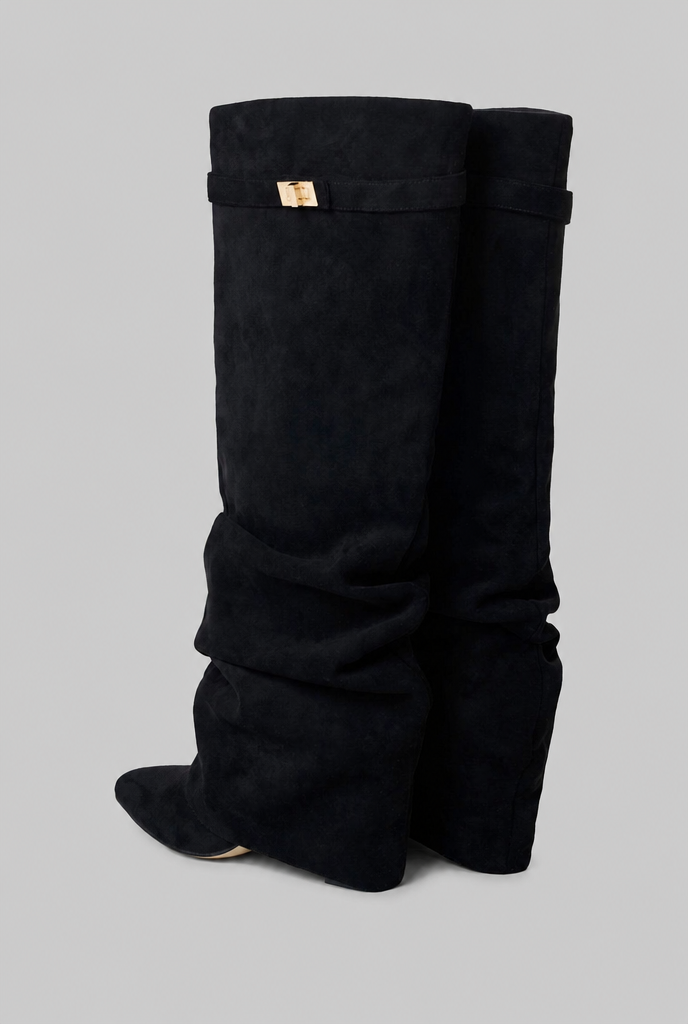 Stivali Donna Slouchy in Camoscio a Punta con Fibbia Oro