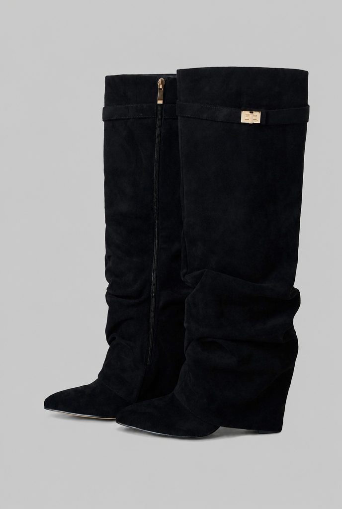 Stivali Donna Slouchy in Camoscio a Punta con Fibbia Oro