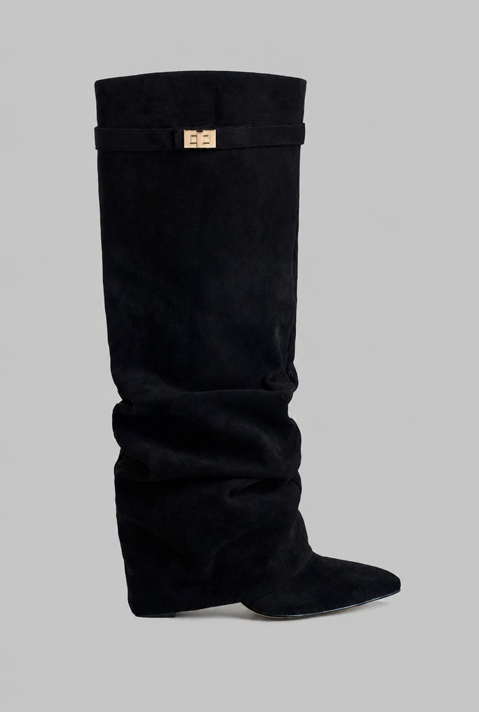 Stivali Donna Slouchy in Camoscio a Punta con Fibbia Oro