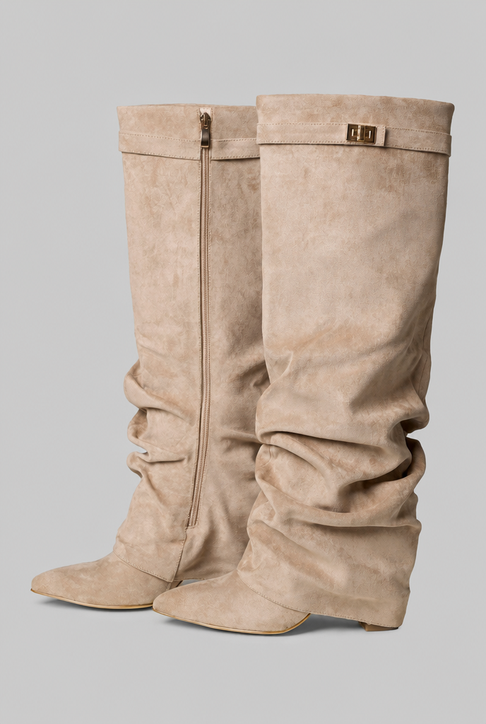 Stivali Donna Slouchy in Camoscio a Punta con Fibbia Oro