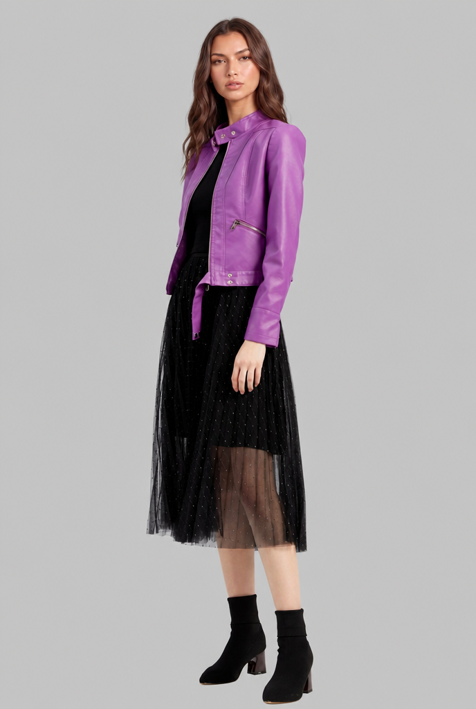 Giacca Biker Donna in Pelle Corta con Zip Asimmetrica