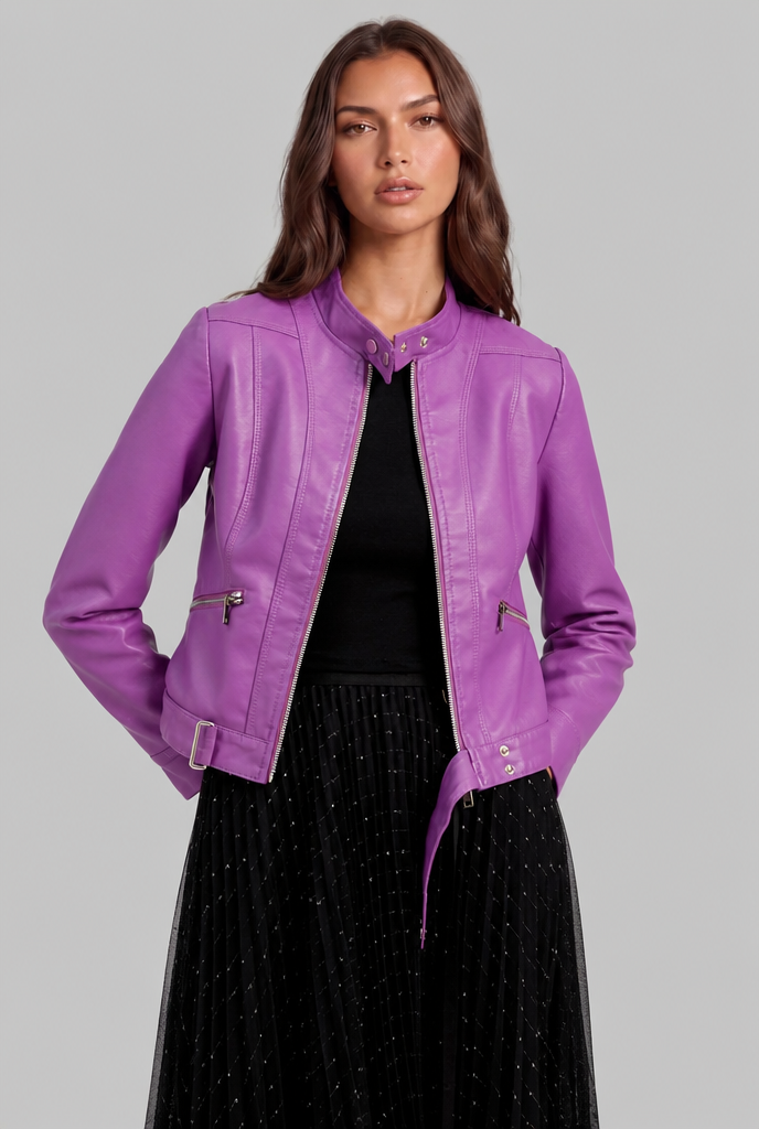 Giacca Biker Donna in Pelle Corta con Zip Asimmetrica