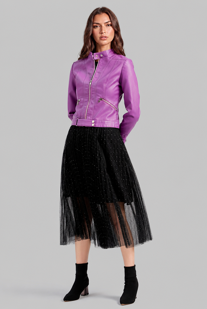 Giacca Biker Donna in Pelle Corta con Zip Asimmetrica