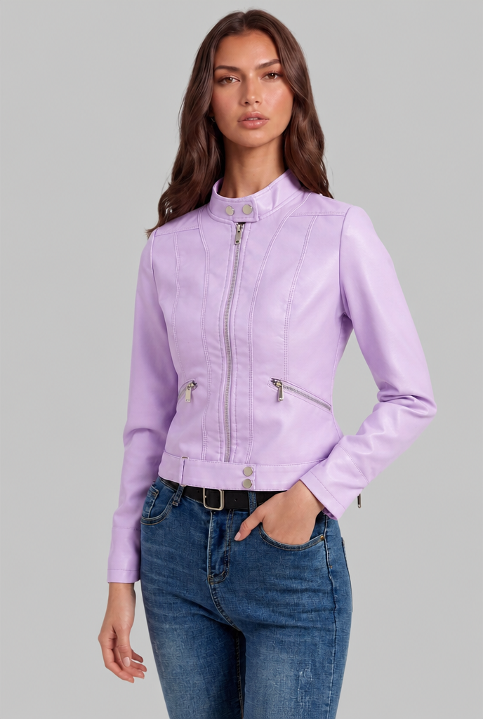 Giacca Biker Donna in Pelle Corta con Zip Asimmetrica