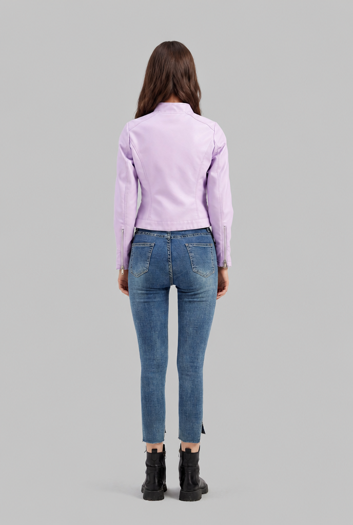 Giacca Biker Donna in Pelle Corta con Zip Asimmetrica