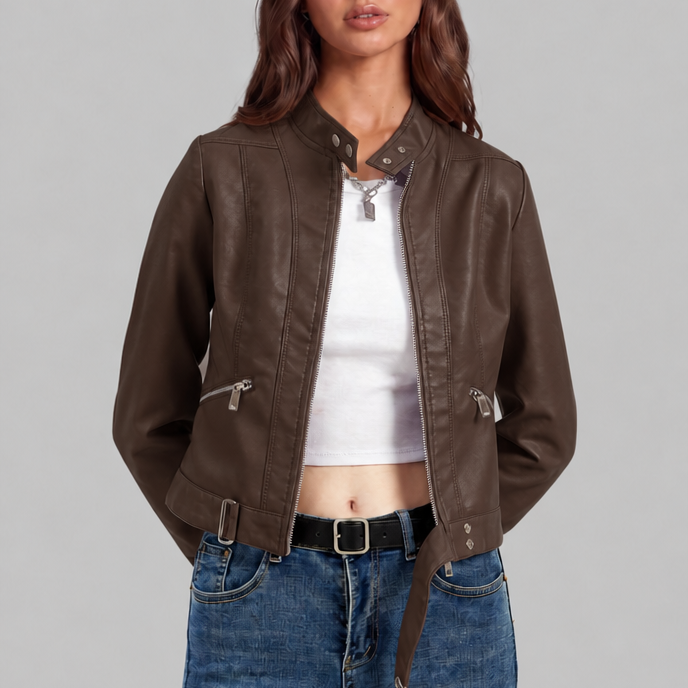 Giacca Biker Donna in Pelle Corta con Zip Asimmetrica