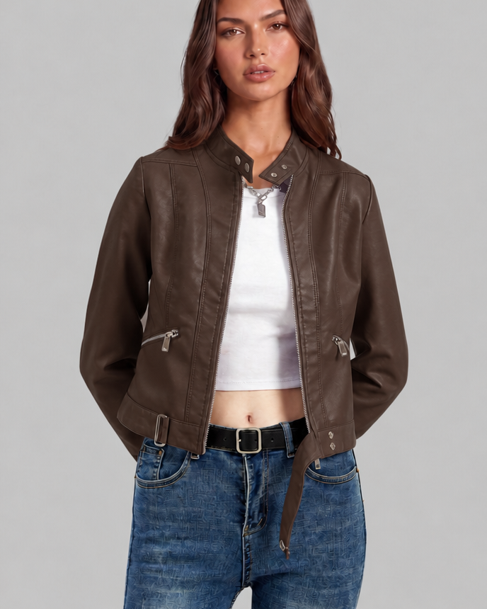 Giacca Biker Donna in Pelle Corta con Zip Asimmetrica
