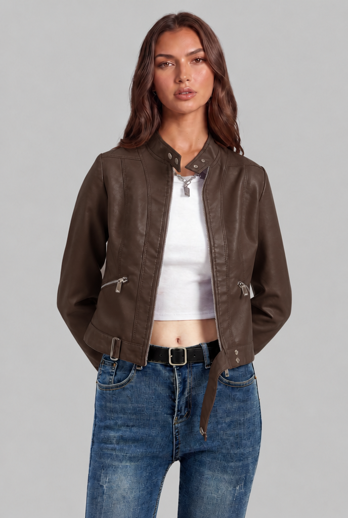 Giacca Biker Donna in Pelle Corta con Zip Asimmetrica