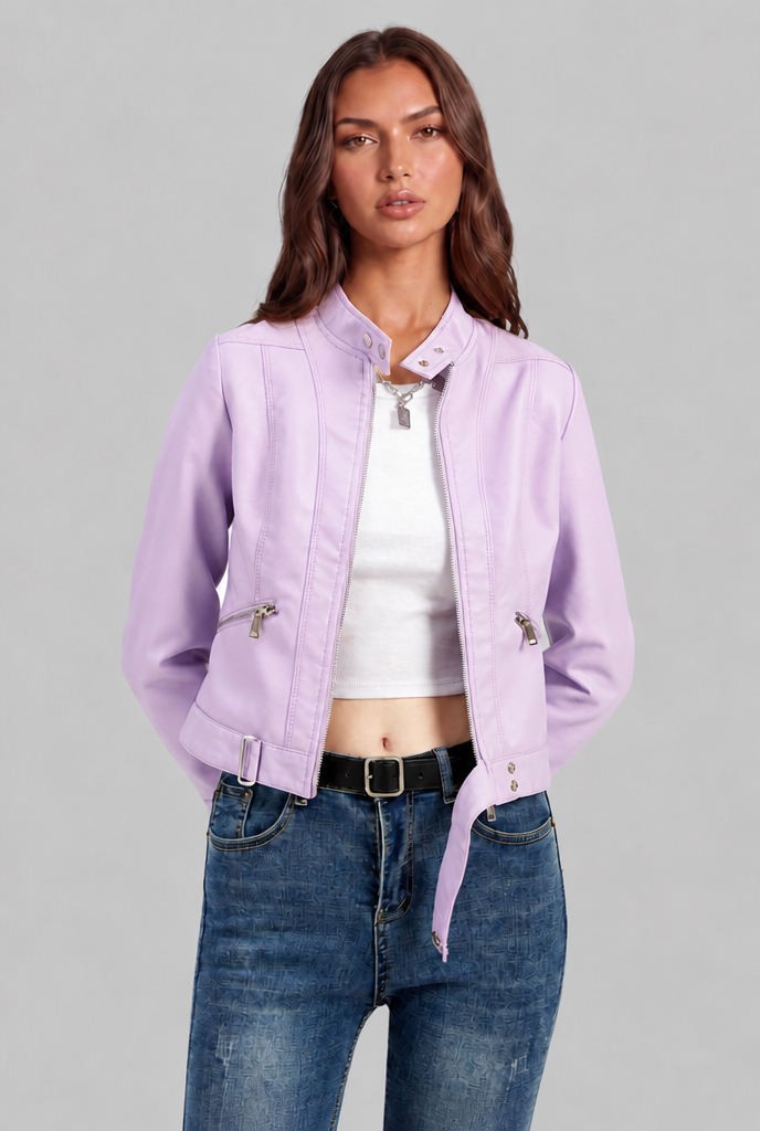 Giacca Biker Donna in Pelle Corta con Zip Asimmetrica