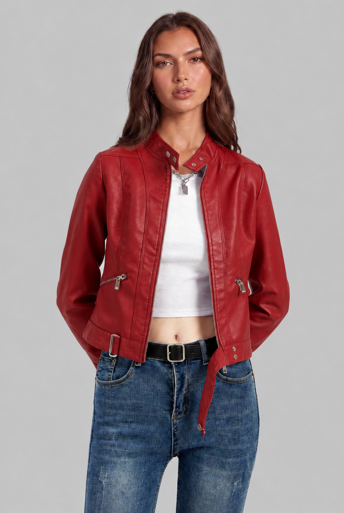 Giacca Biker Donna in Pelle Corta con Zip Asimmetrica