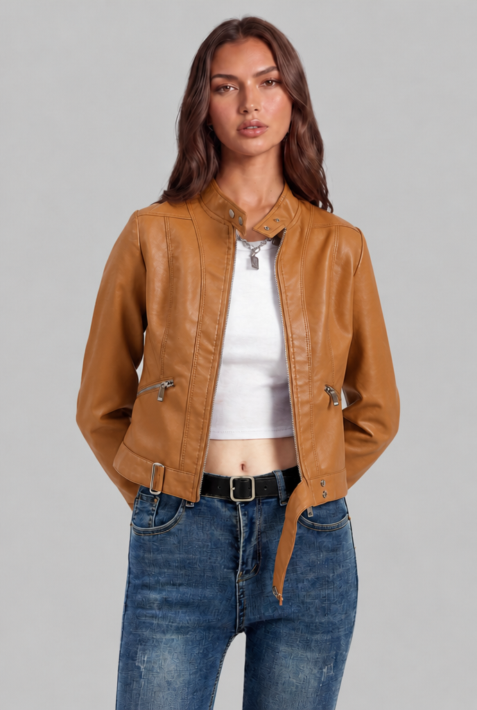 Giacca Biker Donna in Pelle Corta con Zip Asimmetrica