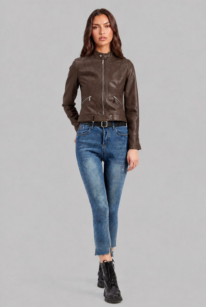 Giacca Biker Donna in Pelle Corta con Zip Asimmetrica