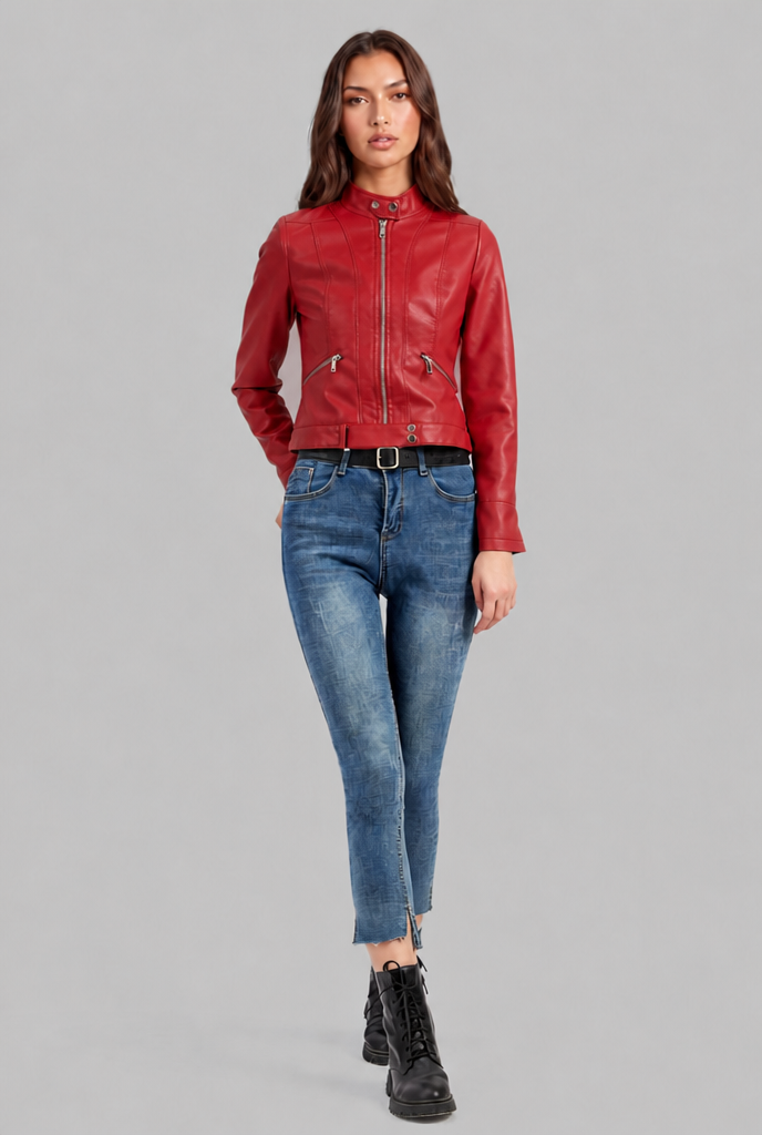 Giacca Biker Donna in Pelle Corta con Zip Asimmetrica