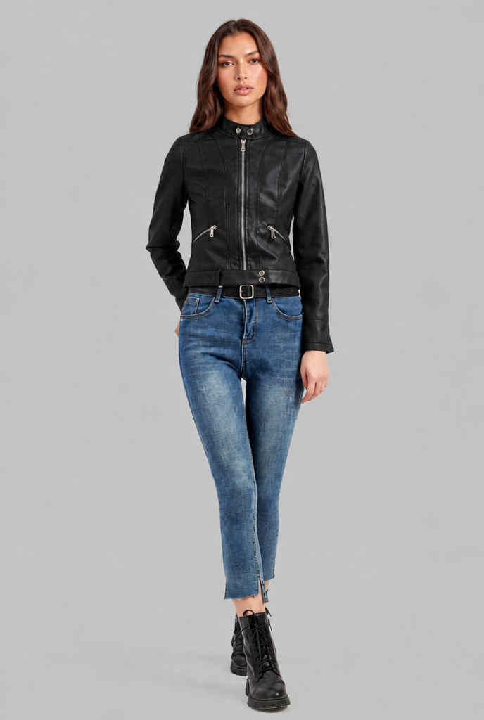 Giacca Biker Donna in Pelle Corta con Zip Asimmetrica