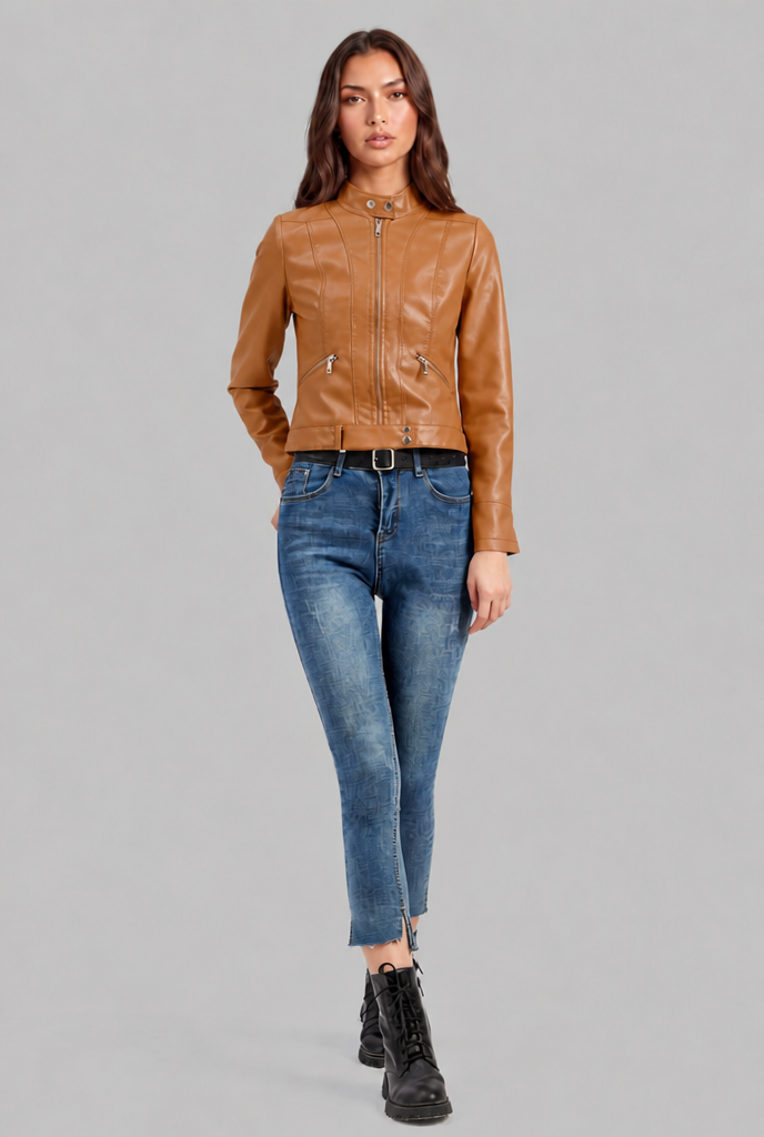 Giacca Biker Donna in Pelle Corta con Zip Asimmetrica