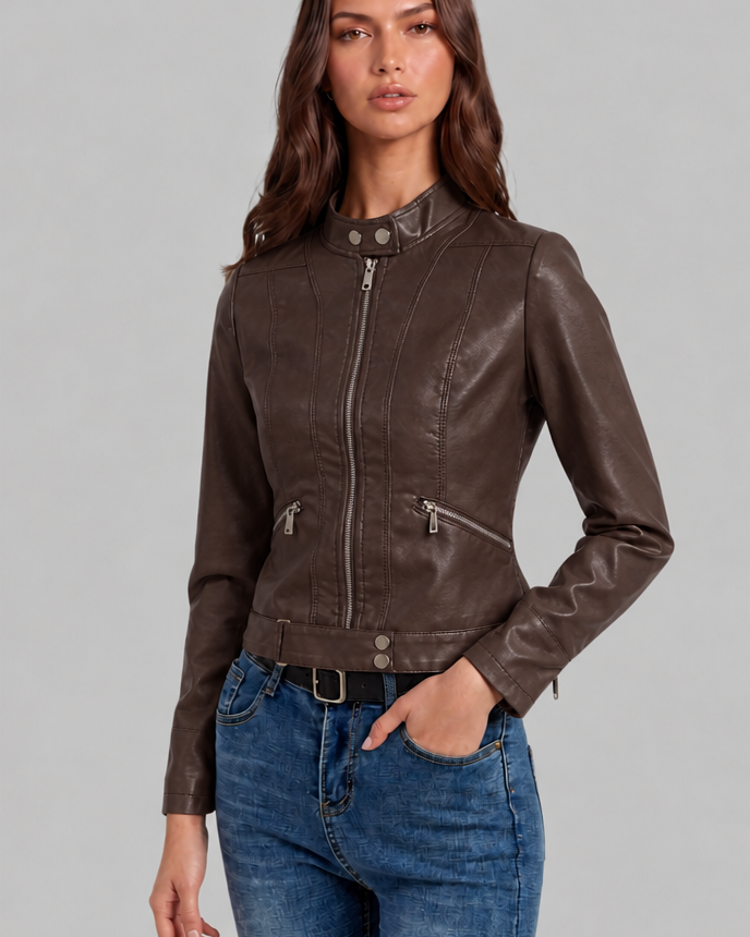 Giacca Biker Donna in Pelle Corta con Zip Asimmetrica