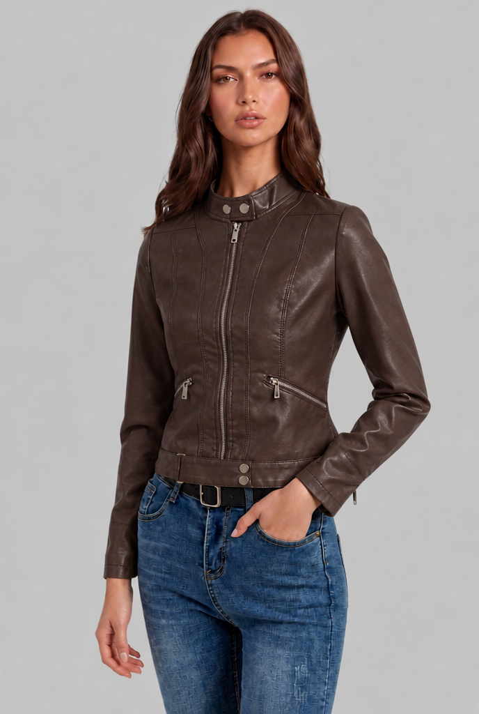 Giacca Biker Donna in Pelle Corta con Zip Asimmetrica