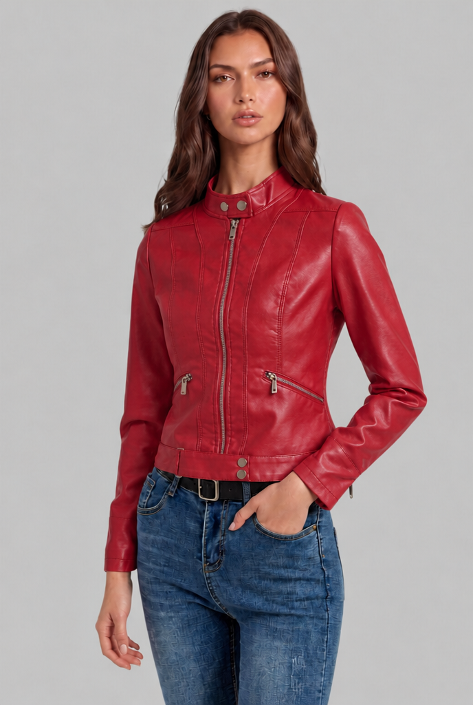 Giacca Biker Donna in Pelle Corta con Zip Asimmetrica