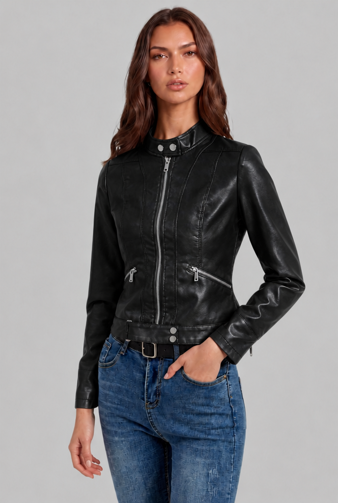 Giacca Biker Donna in Pelle Corta con Zip Asimmetrica