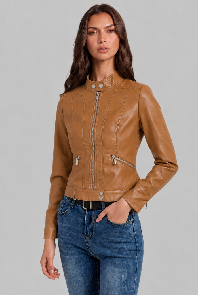 Giacca Biker Donna in Pelle Corta con Zip Asimmetrica
