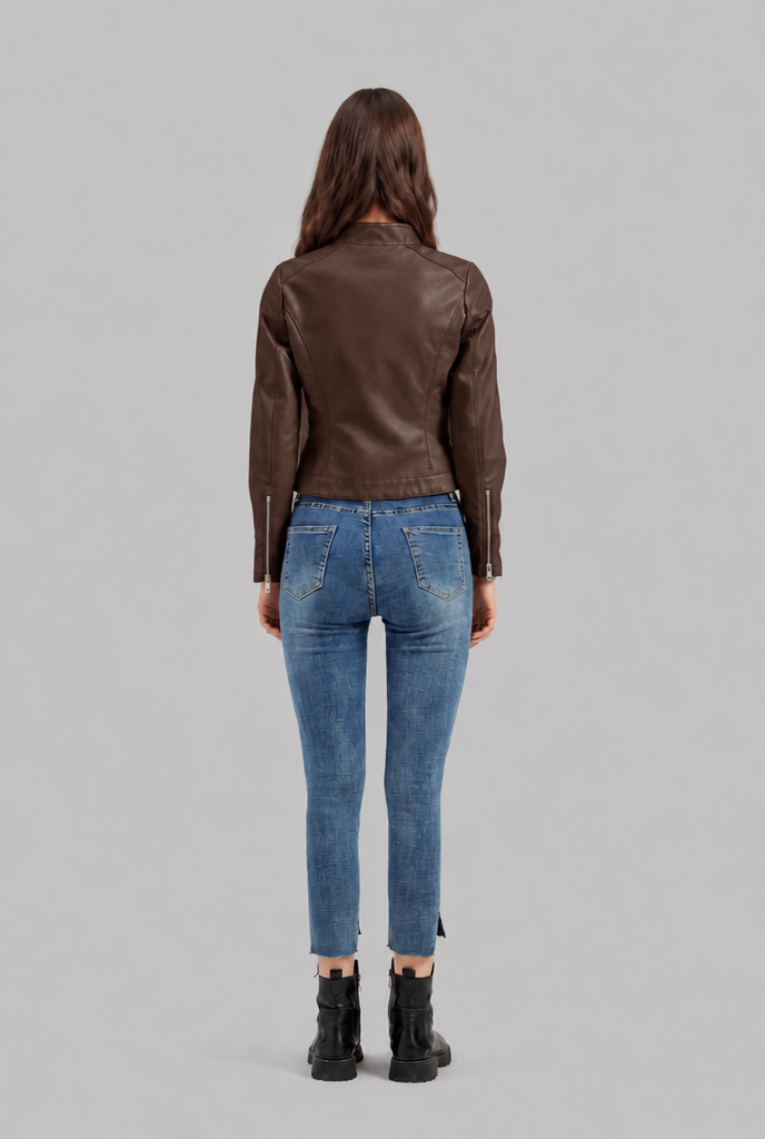 Giacca Biker Donna in Pelle Corta con Zip Asimmetrica