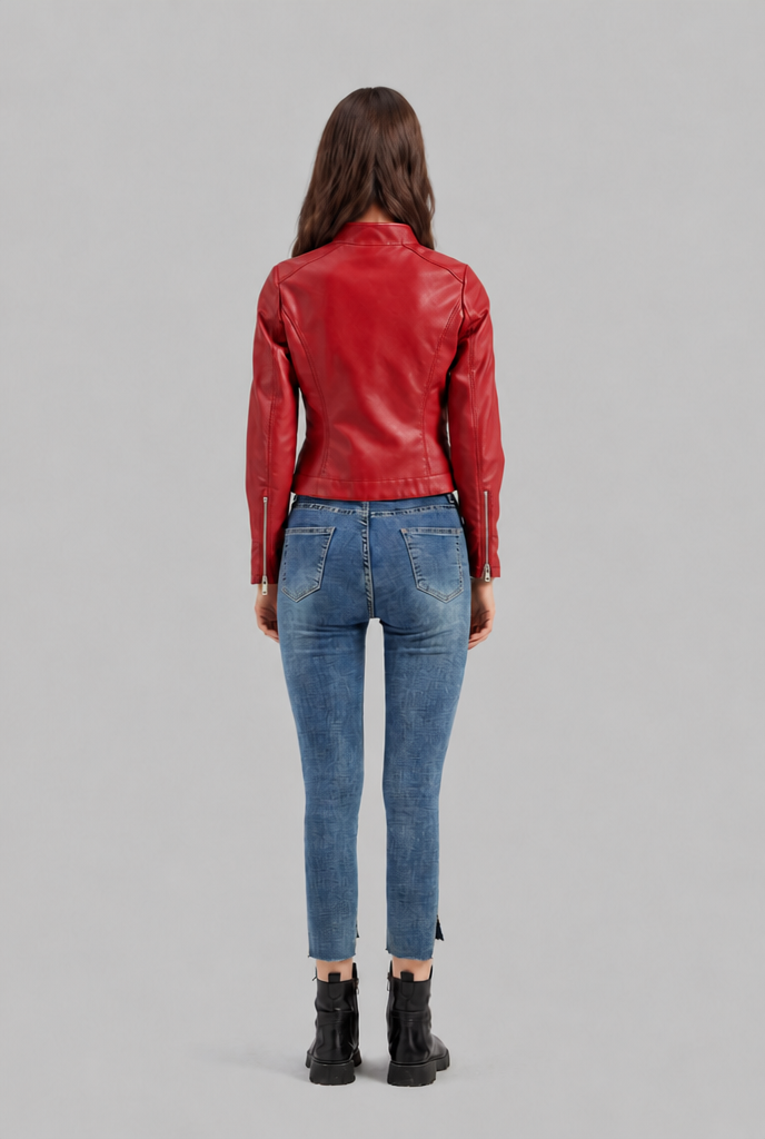 Giacca Biker Donna in Pelle Corta con Zip Asimmetrica