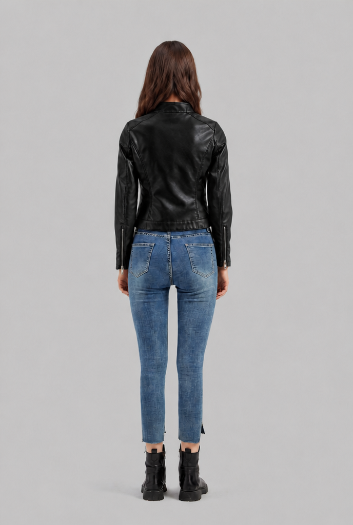 Giacca Biker Donna in Pelle Corta con Zip Asimmetrica