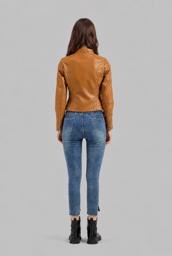 Giacca Biker Donna in Pelle Corta con Zip Asimmetrica
