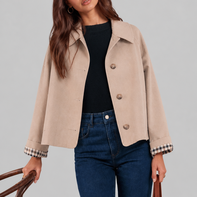Trench Donna Corto Boxy con Fodera a Quadri e Bottoni