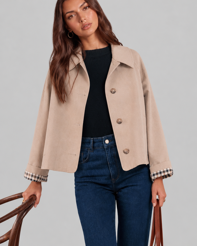 Trench Donna Corto Boxy con Fodera a Quadri e Bottoni