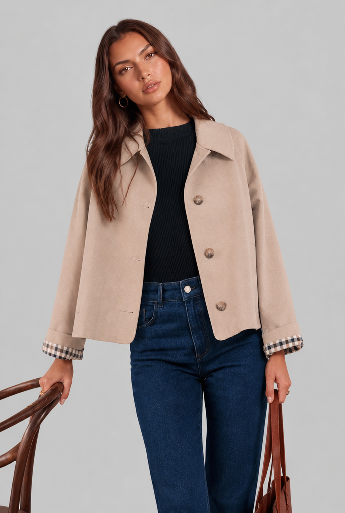 Trench Donna Corto Boxy con Fodera a Quadri e Bottoni