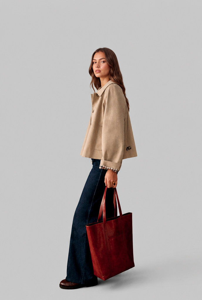 Trench Donna Corto Boxy con Fodera a Quadri e Bottoni