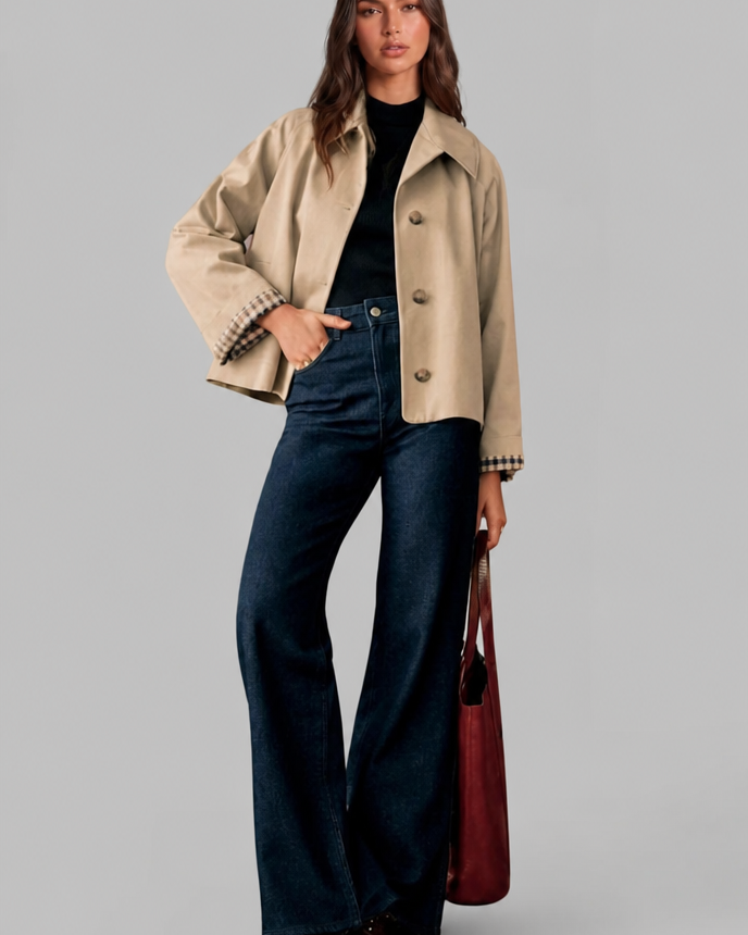 Trench Donna Corto Boxy con Fodera a Quadri e Bottoni